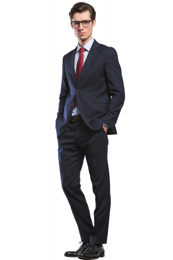 This pant suit is tailor made in a slim fit and in a wool blend, featuring a single breasted button closure, notch lapels, and handstitched lapels and pockets.