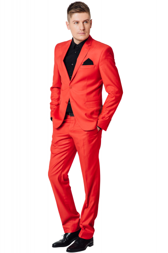 This bold men's pant suit is custom made in a fine wool blend and features a single breasted button closure, notch lapels, and slash pockets. 