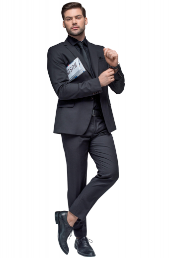 This men's pant suit is tailor made in a wool blend featuring a single breasted button closure, notch lapels, and slash pockets. It is perfect for all formal occasions.
