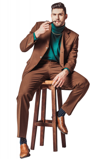 This brown retro inspired men's suit is tailor made in a fine wool blend and cut to a slim fit, featuring a single breasted, three button closure and notch lapels. 