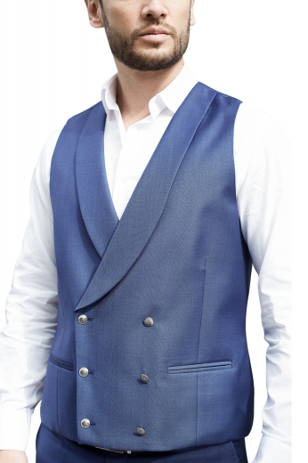 This blue men's vest is tailor made with a double breasted, six button closure, and a shawl collar. It is perfect for all formal occasions.