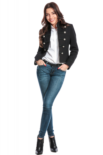 This women's retro military style jacket features a single breasted closure made in a slim cut wool blend. It is perfect for any formal occasion. 