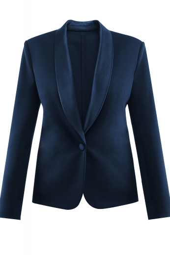 This women's custom tailored midnight blue shawl collar jacket features a single breasted button closure and sleek sleeves. It is an elegant option for any day at the office. 