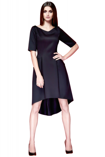 This women's stunning custom tailored black herringbone slim fit dress is tailor made in a fine wool blend. It lands just at the knee and features a concealed zipper. 