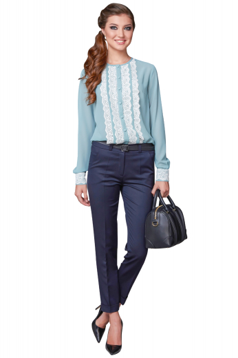 A cute hand tailored women's baby blue custom tailored blouse with stunning intricately tailored lace detailing. This casual women's blouse is custom made with matching buttons, perfect to pair with jeans for day outings.