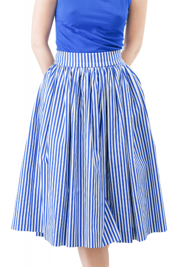 Women's knee length pleated skirt in a beautiful pinstripe design. This retro-inspired piece is made to measure with a beautiful wool blend, with a concealed zipper. 
