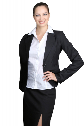 A women's made to measure custom hand tailored sleek modern skirt suit featuring a stylish and sophisticated skirt with a modest yet sexy slit and paired with a single breasted blazer, custom made to suit and flatter your figure.