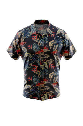 Men's short sleeved shirt for casual wear with cool graphic blue and red leaf print. In fun colors this men's custom hand tailored short sleeve dress shirt intricately designed with large and detailed leaf print. This men's made to measure dress shirt is great for a casual day out on the town and also for summer vacation. This hand tailored dress shirt will make a great addition to your fun collection of casual summer shirts.