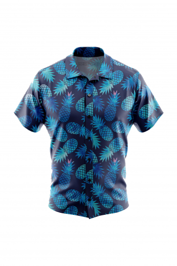  Men's short sleeved shirt for casual wear with blue pineapples. A fun colorful men's custom bespoke short sleeve dress shirt intricately designed with fun pineapple print. This men's made to measure dress shirt is great for a casual day out on the town and also for summer vacation. This hand tailored dress shirt will make a great addition to your fun collection of casual shirts.