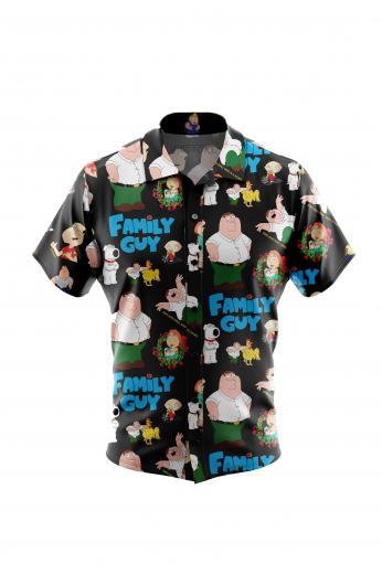 Men's short sleeved shirt for casual wear inspired by the Family Guy show. A fun colorful men's custom bespoke short sleeve dress shirt intricately designed with Family Guy characters and font print. This men's made to measure dress shirt is great for a casual day out on the town and also for summer vacation. This hand tailored dress shirt will make a great addition to your fun collection of casual shirts.