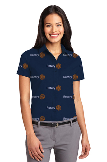 Dark Blue Rotary logo Print Short Sleeve Shirt featuring pointed formal collar style and dart front