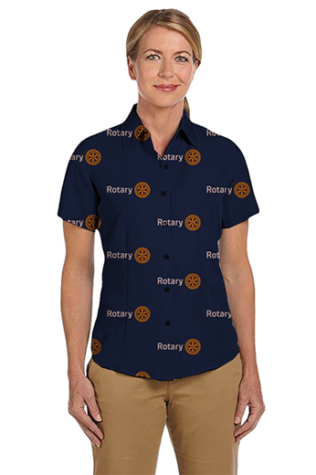 Dark Blue Rotary logo print short sleeves shirt featuring Hawaiian collar and tucked out style for casual wear