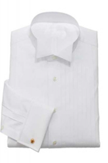 A bespoke men's tailor-made crisp white tux shirt made elegantly for the classy man. This wing tip collar pleated shirt is perfect for formal events.